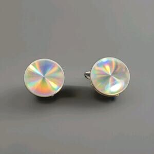 Rainbow Optical Hologram Silver Tone Light Weight Clip On Earrings Vintage